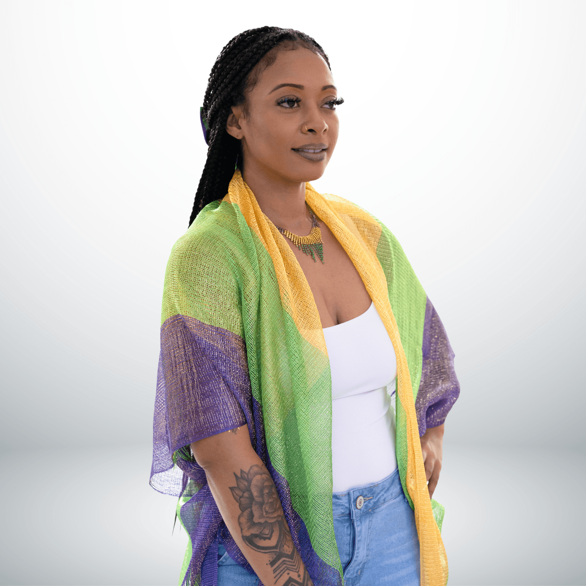 Mardi Gras Mesh Shawl with fringe in purple, green, and gold, perfect for parades and festive celebrations