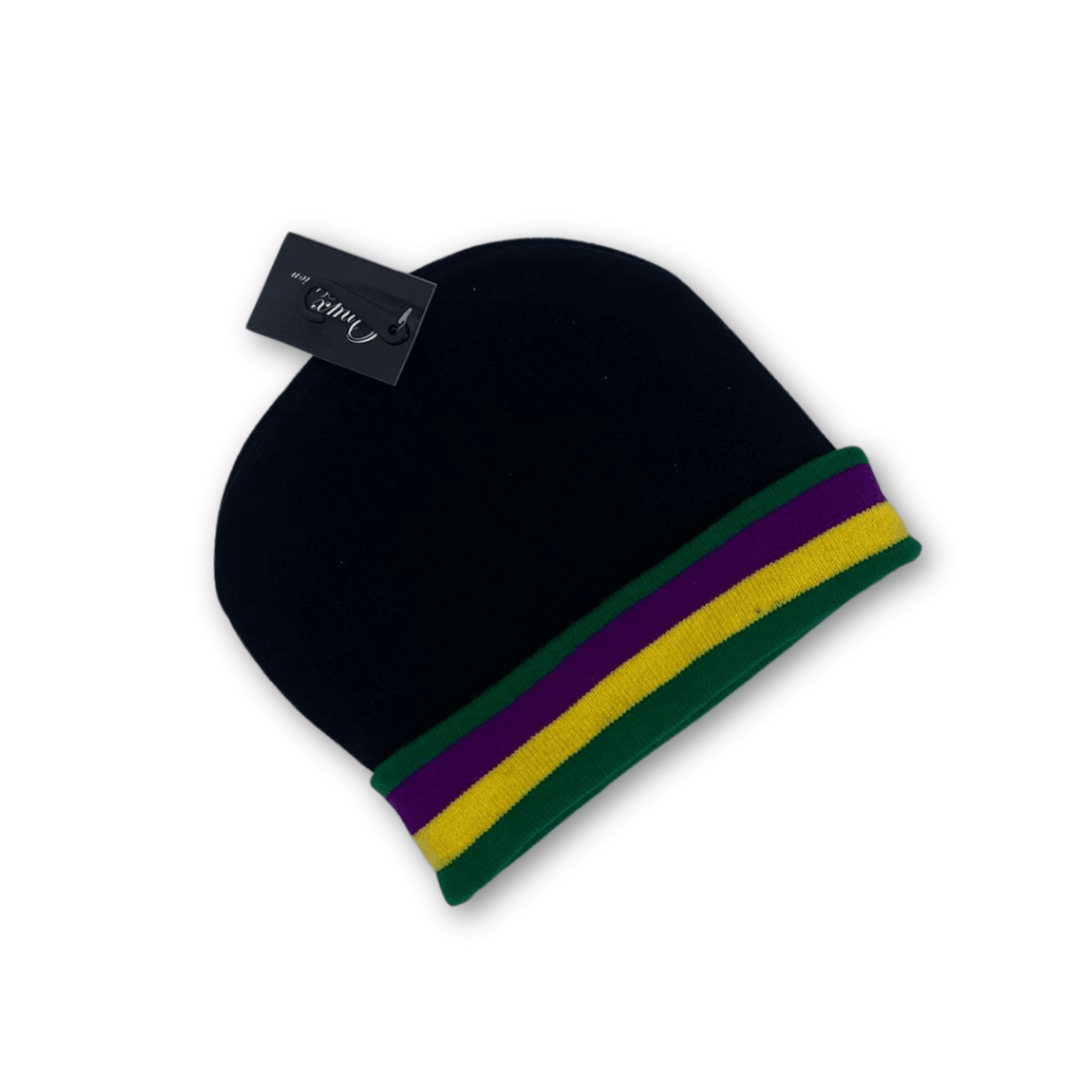 Mardi Gras striped knit beanie hat with purple, green, and yellow stripes on a black background