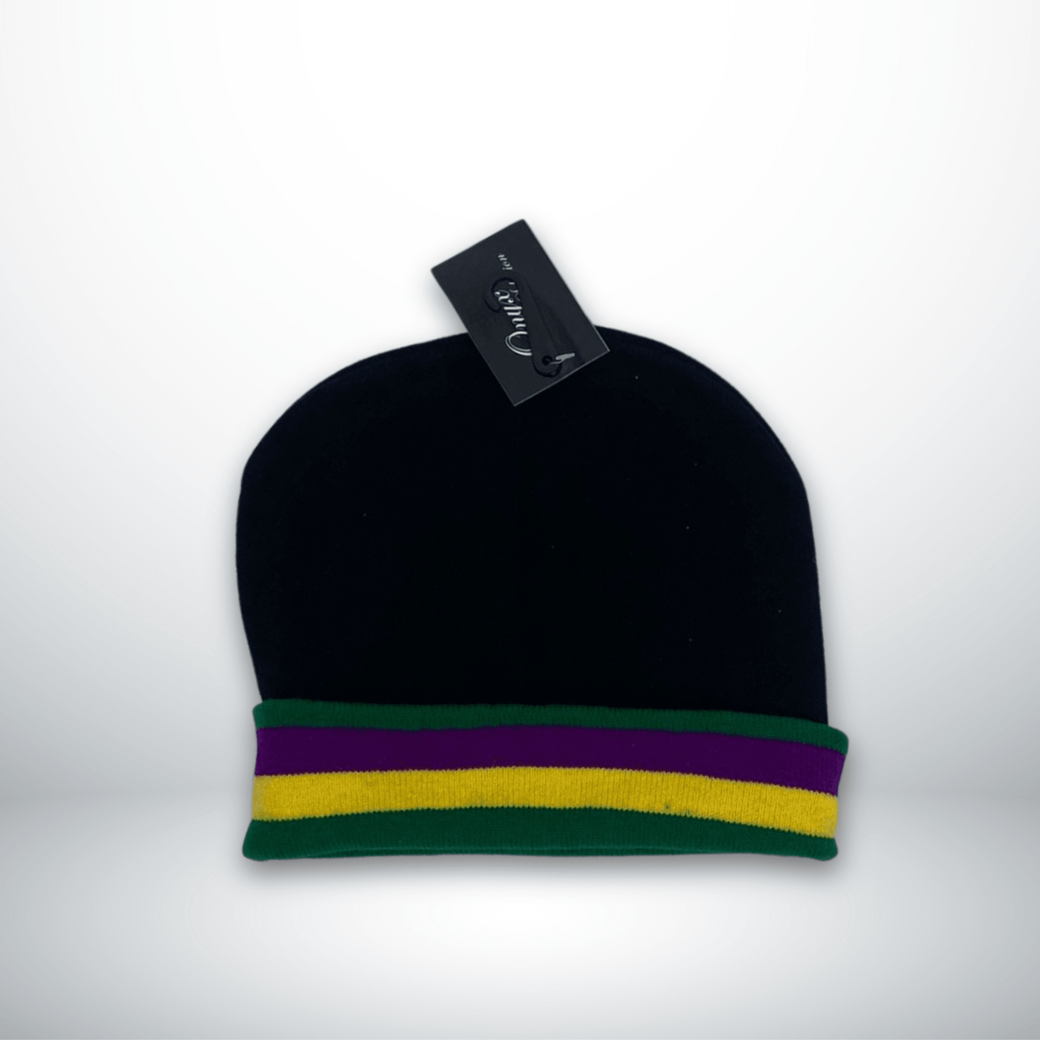 Mardi Gras striped knit beanie hat with purple, green, and yellow stripes on a black background