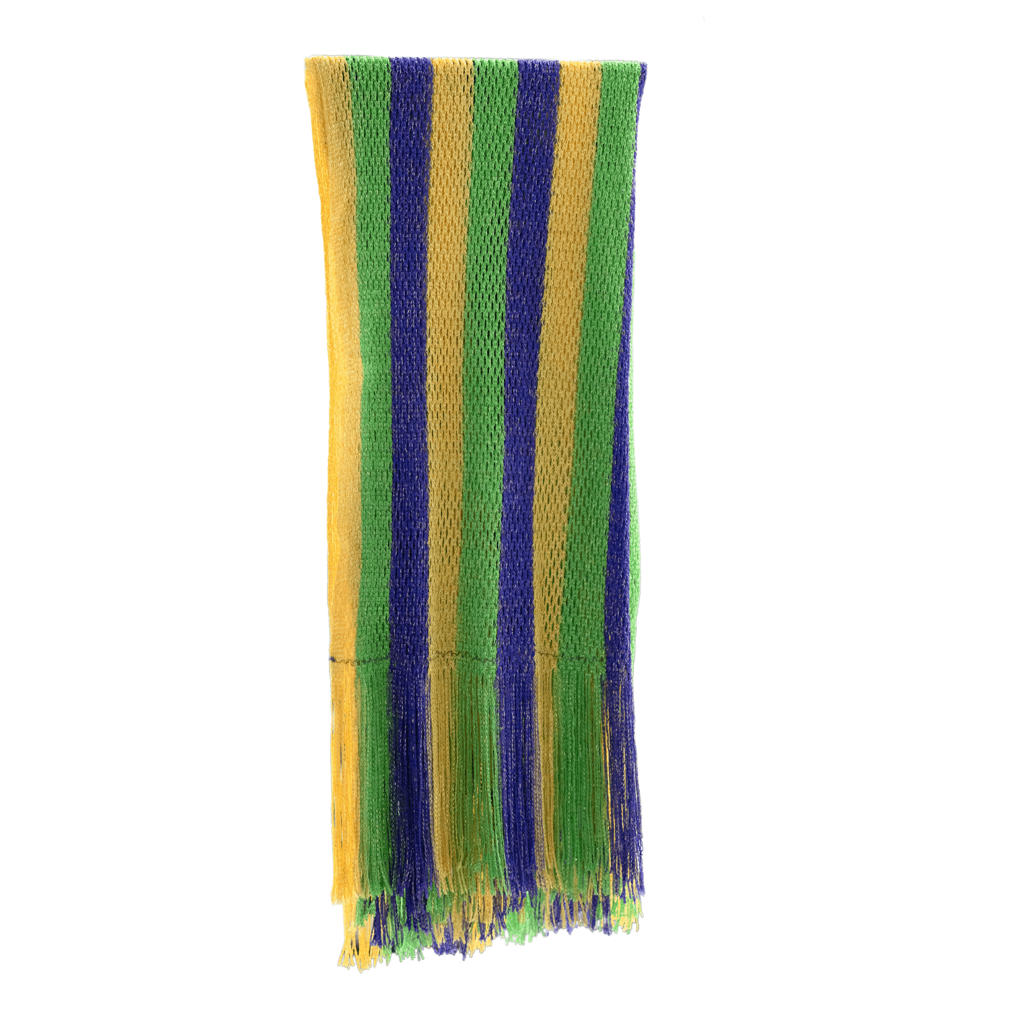 Mardi Gras Striped Scarf with fringe in purple, green, and gold, perfect for festive occasions and parades.