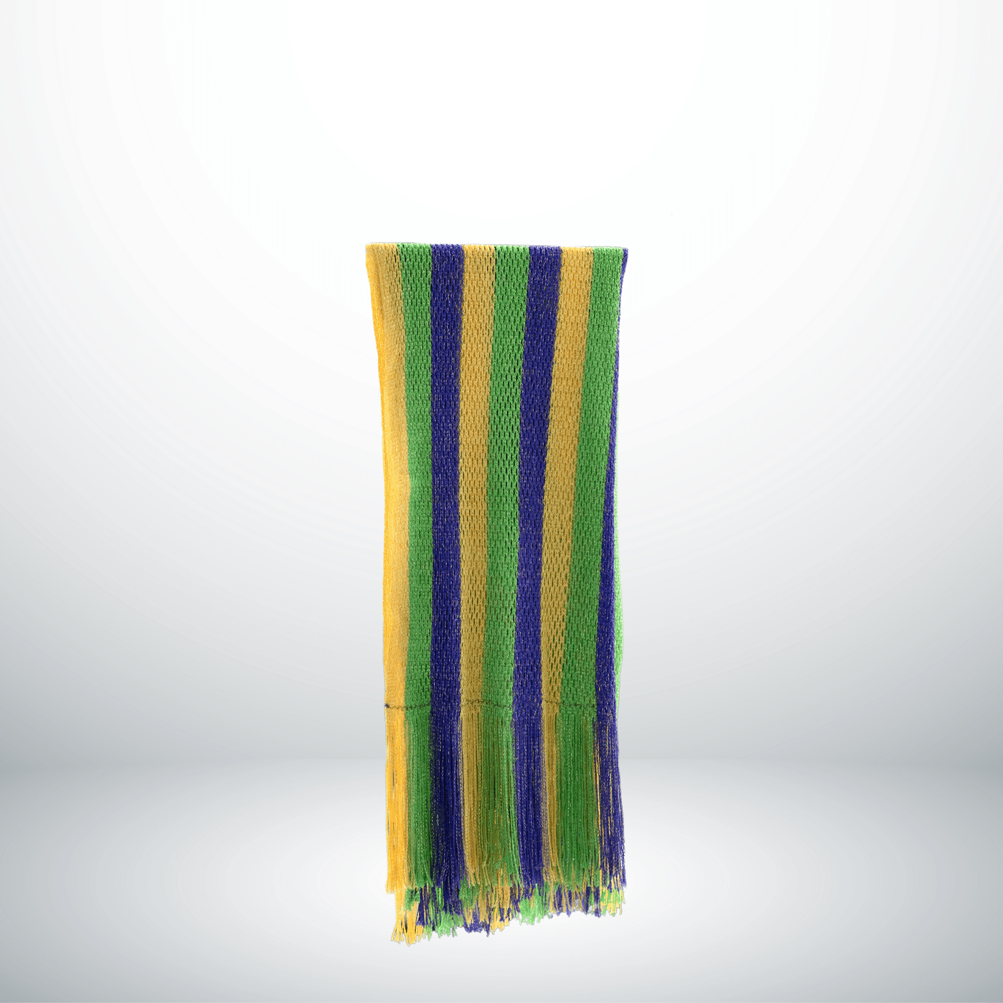 Mardi Gras Striped Scarf with fringe in purple, green, and gold, perfect for festive occasions and parades.