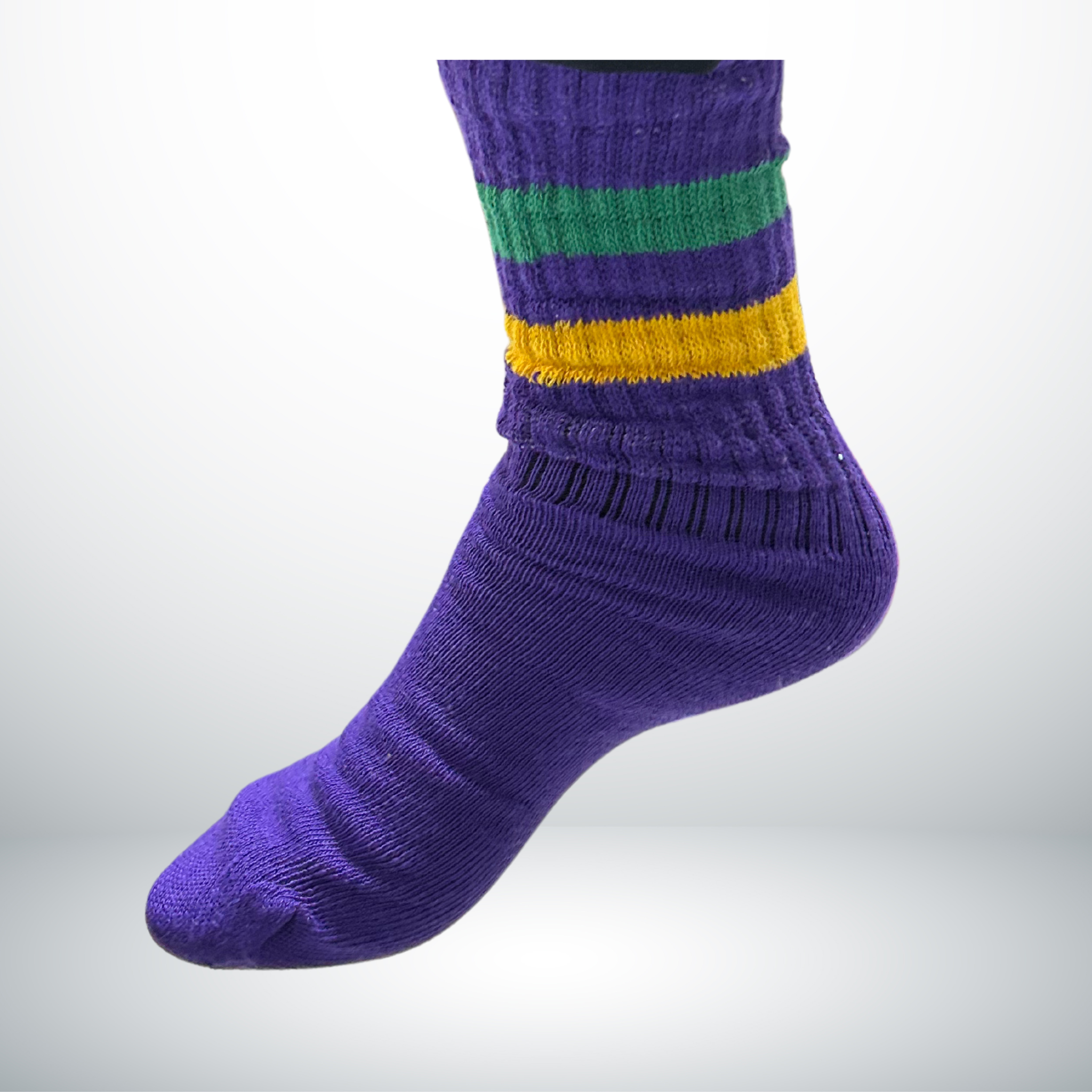 Mardi Gras Striped Slouchy Socks in purple with yellow and green stripes, available in sizes for kids, juniors, and adults.