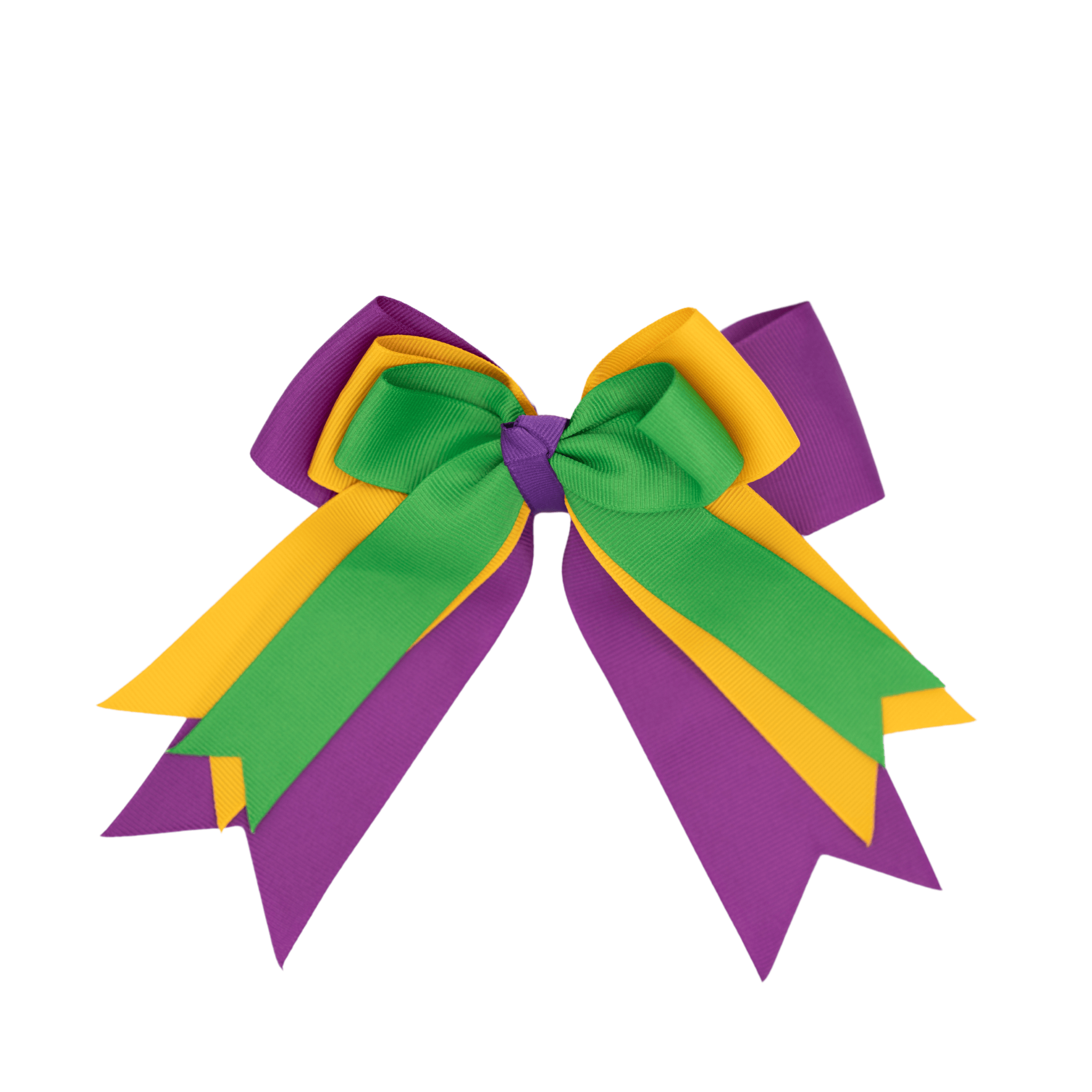 Mardi Gras Triple Ribbon Hair Bow in purple, green, and gold, perfect for festive celebrations.