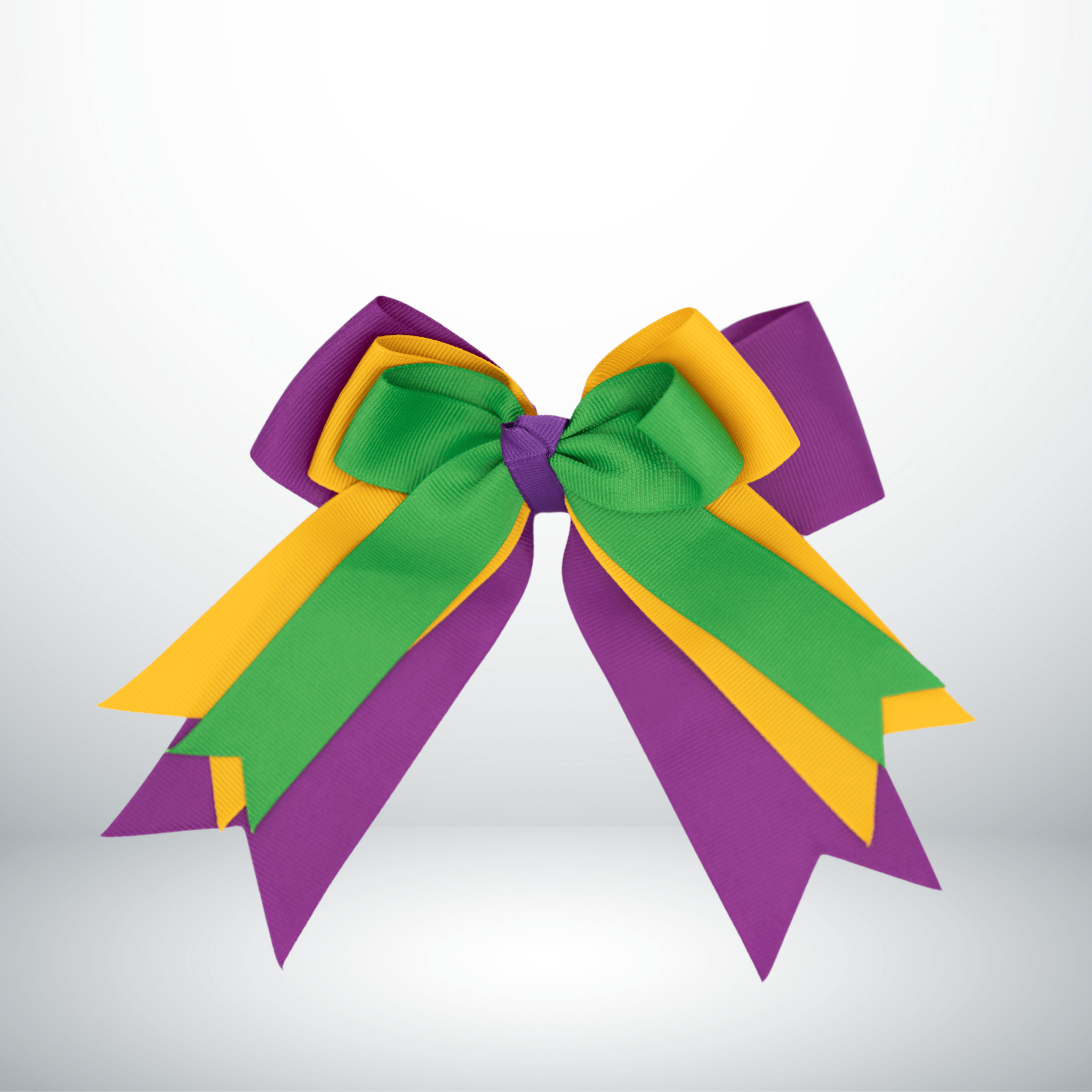 Mardi Gras Triple Ribbon Hair Bow in purple, green, and gold, perfect for festive celebrations.