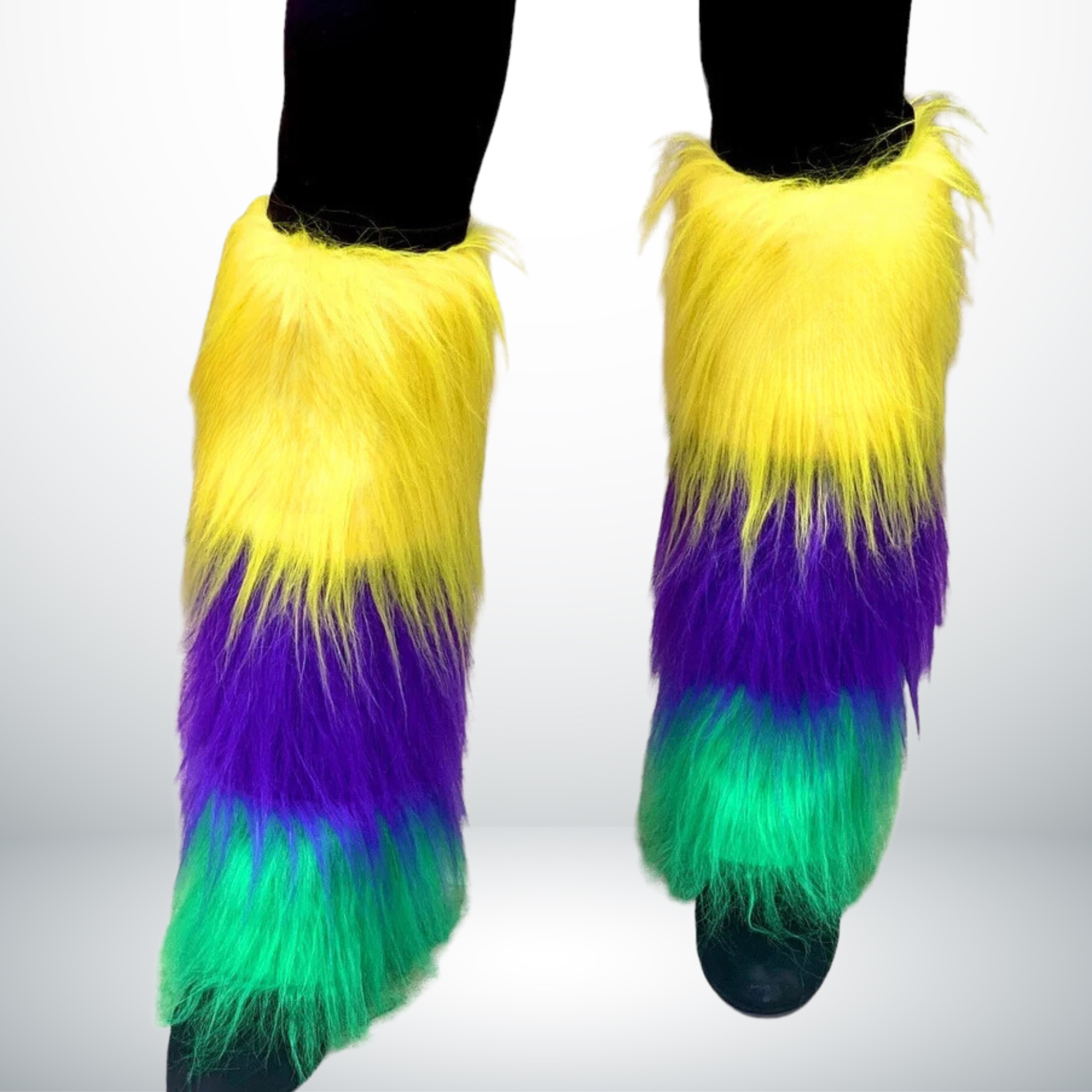 Mardi Gras Furry Leg Warmers with purple, green, and gold stripes, without Fleur-de-Lis patch.