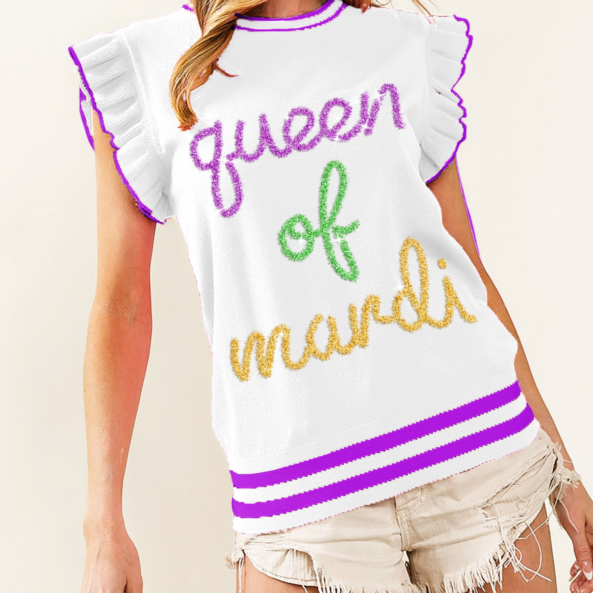 Queen Of Mardi Ruffled Armhole Sleeveless Knit Top