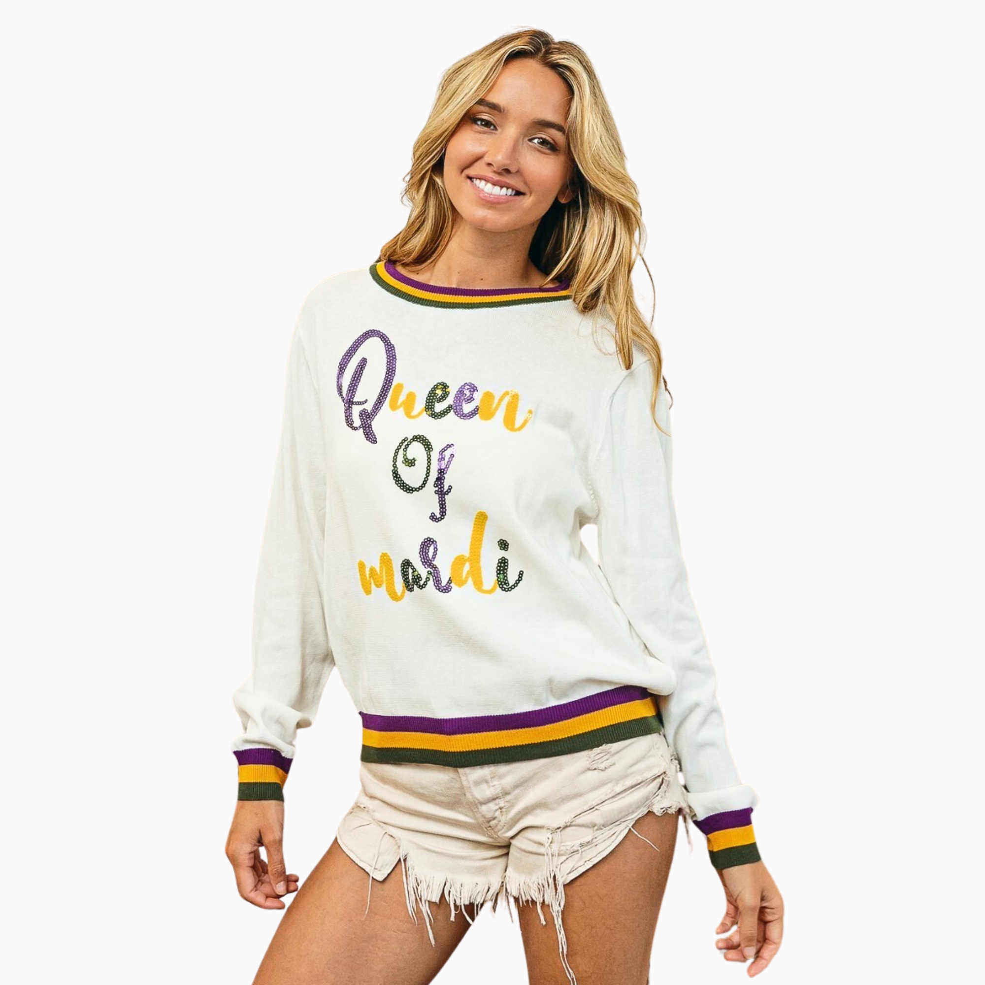 Queen Of Mardi Sequin Lettering Mardi Gras Top