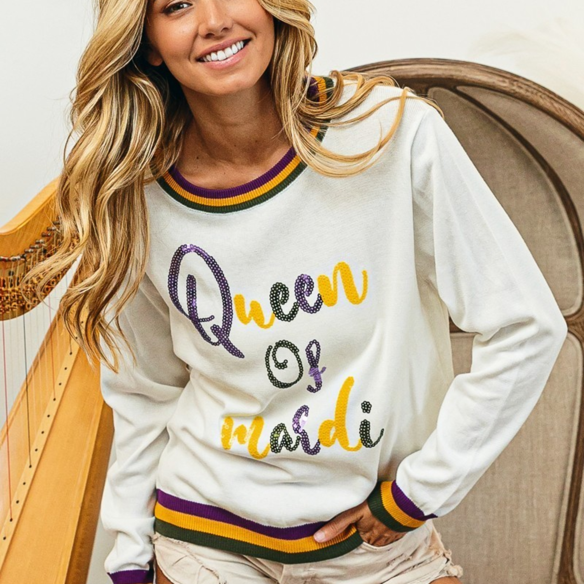 Queen Of Mardi Sequin Lettering Mardi Gras Top