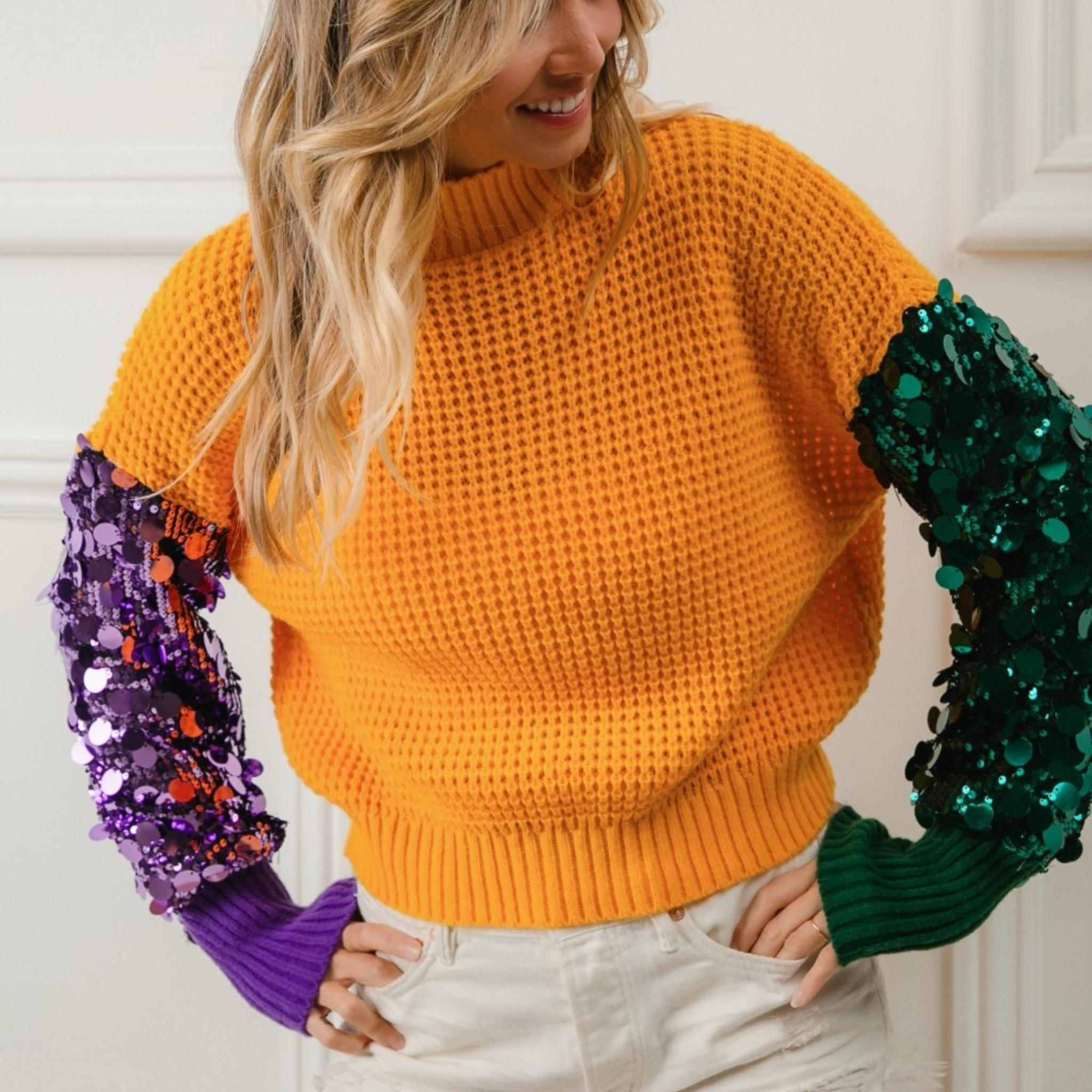 Spangled Sleeve Mardi Gras Color Block Sweater