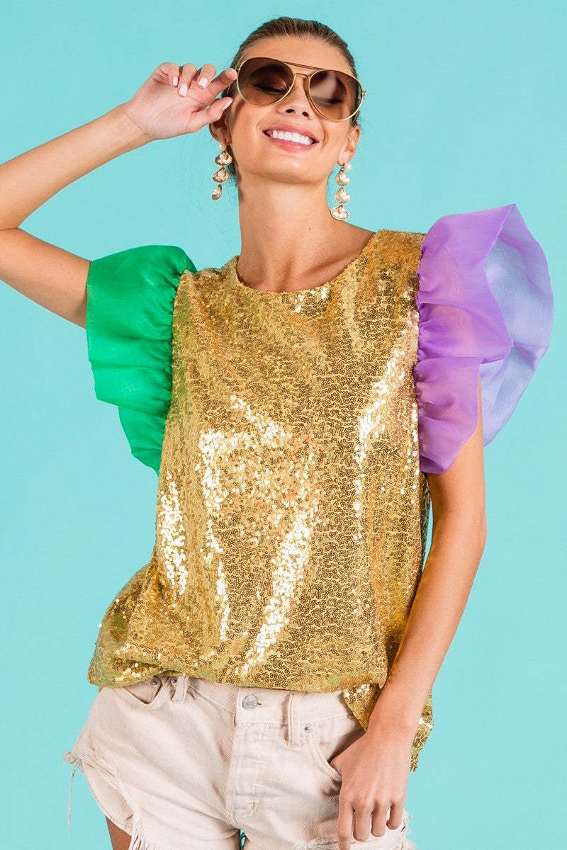 Mardi Gras Color Block Sequin Top Organza Sleeve