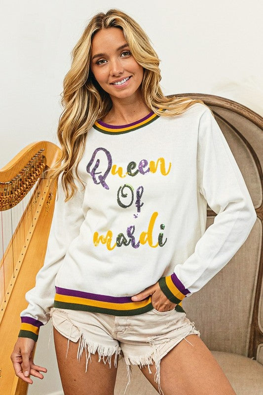 Queen Of Mardi Sequin Lettering Mardi Gras Top