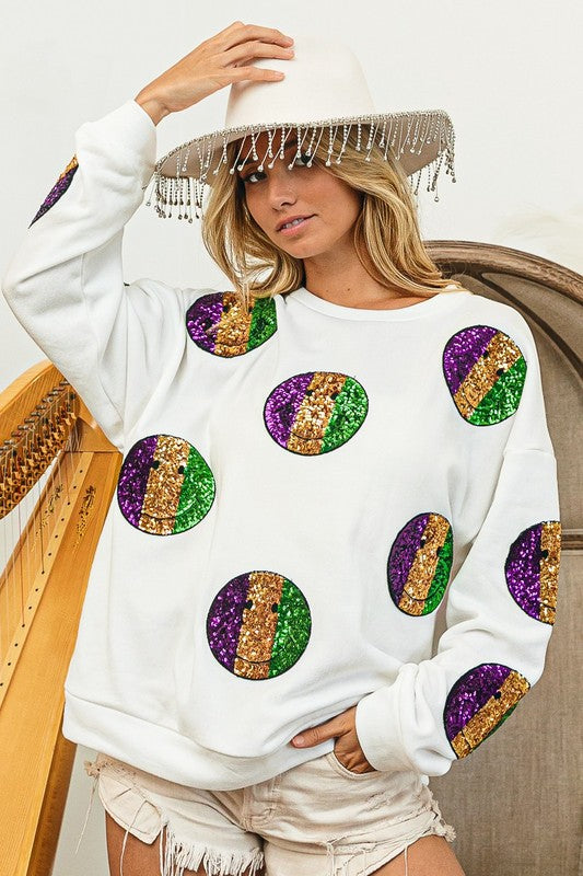 Mardi Gras Smiley Sequin Patches Sweatshirt