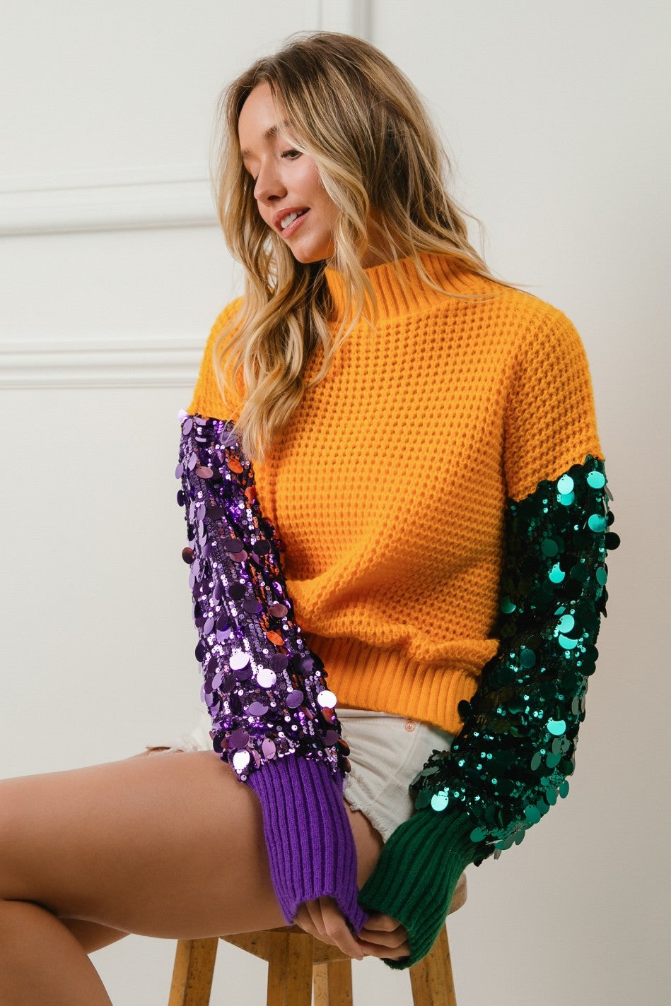 Spangled Sleeve Mardi Gras Color Block Sweater