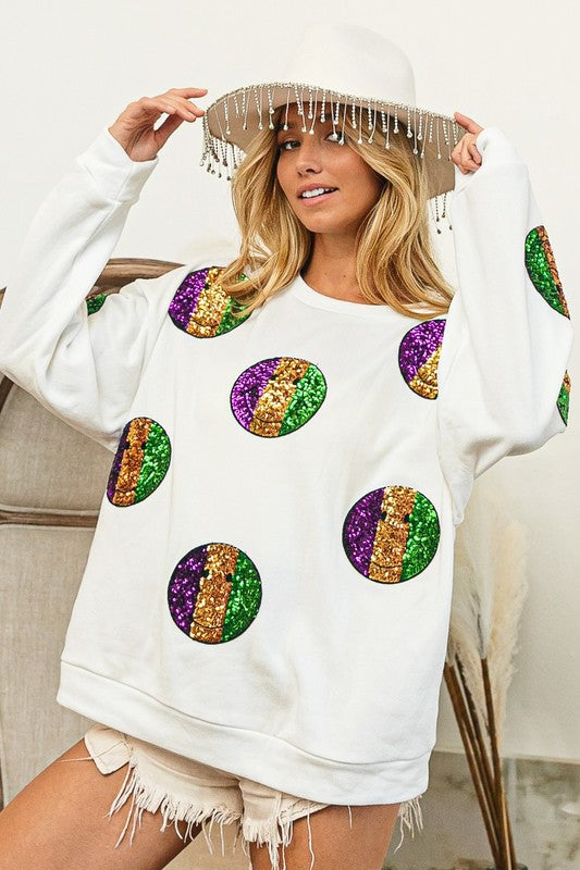 Mardi Gras Smiley Sequin Patches Sweatshirt