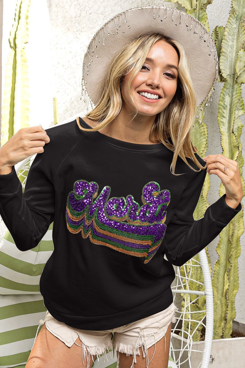 Layered Mardi Sequin Lettering Pullover